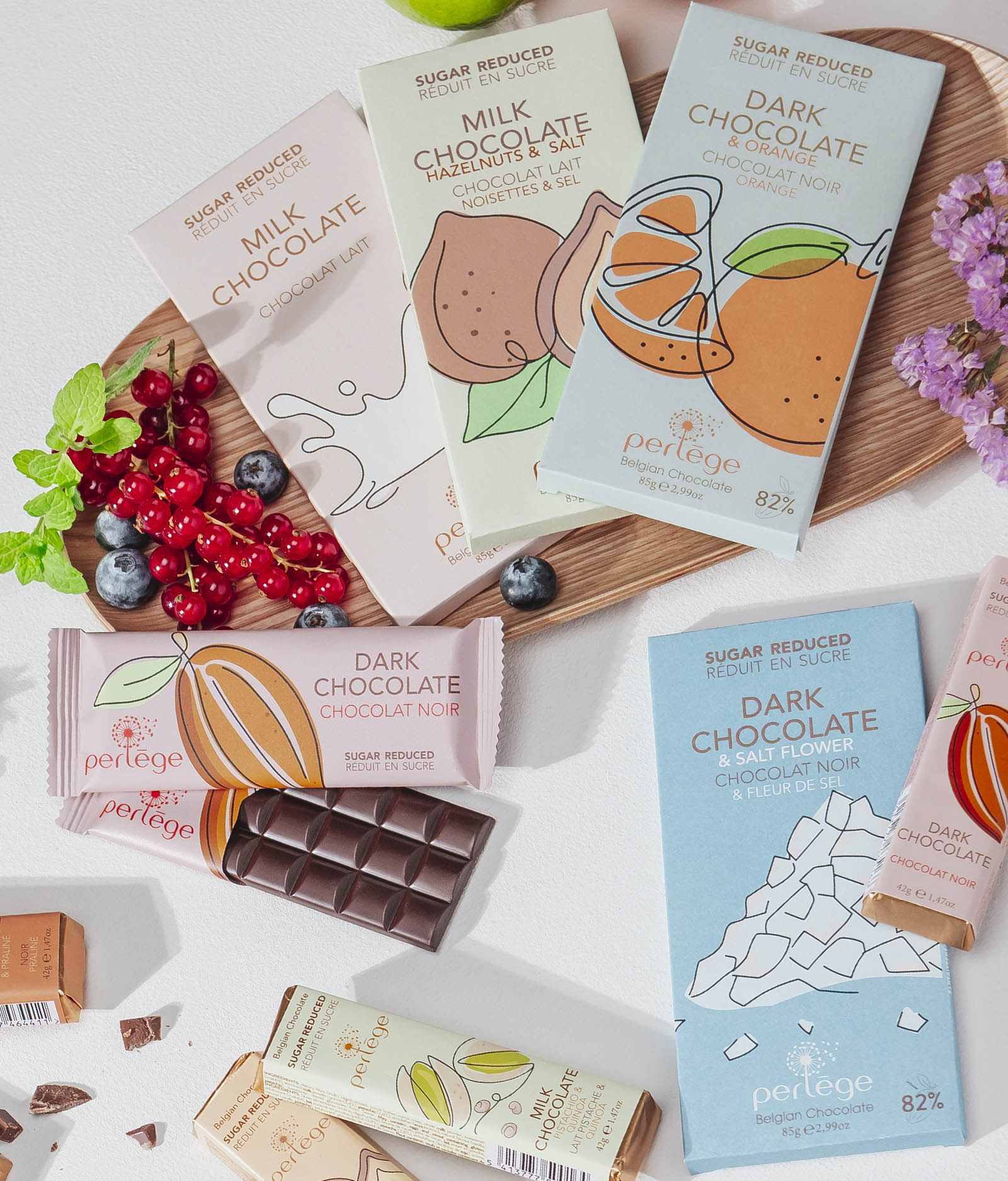 Un assortiments de barres chocolatées Perlège à base de Stévia